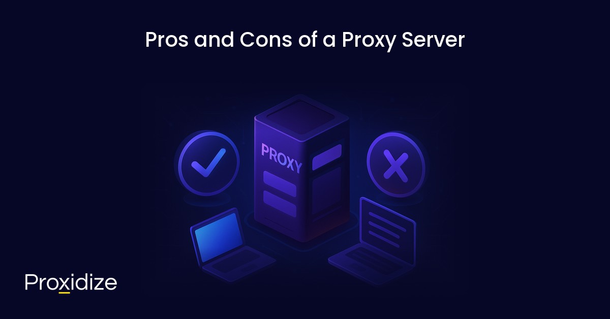 A proxy server next to two laptops under the title 