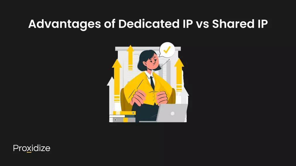 Image of a woman in a suit standing in front of a building with arrows pointing up. Above the image is text reading