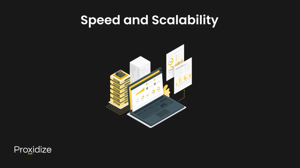 A laptop with graphs and a server next to it under the title