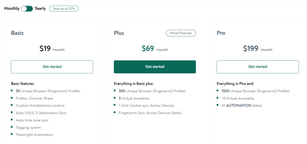 A screenshot of Chameleon Mode's pricing plans.