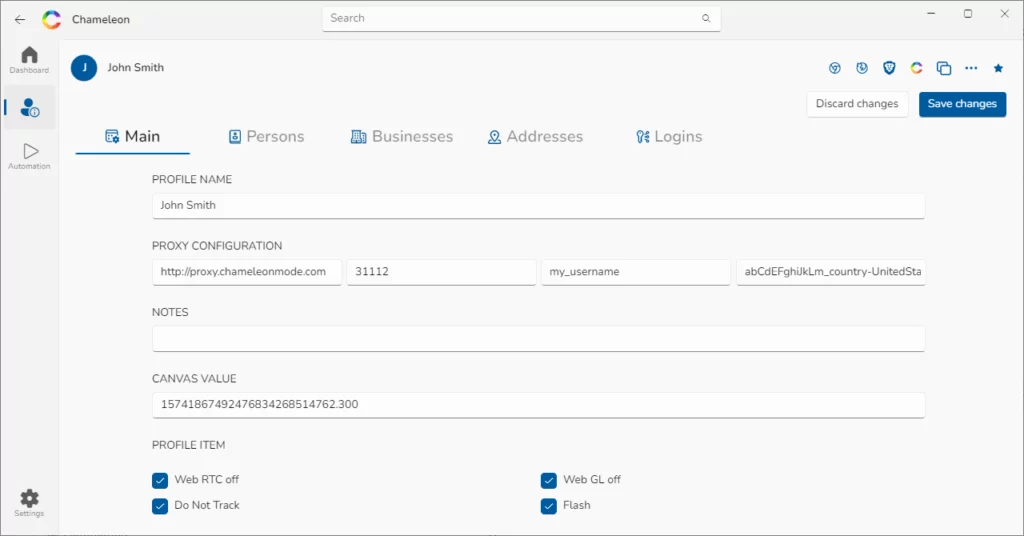 A screenshot of Chameleon Mode's profile setup.