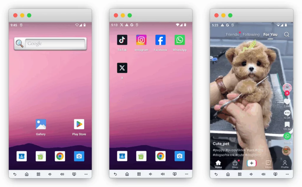 A screenshot of three different DuoPlus Cloud Phones.