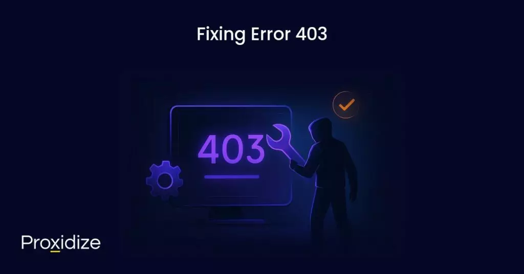 Image showing a man holding a virtual wrench onto a screen reading 403. Text above reads