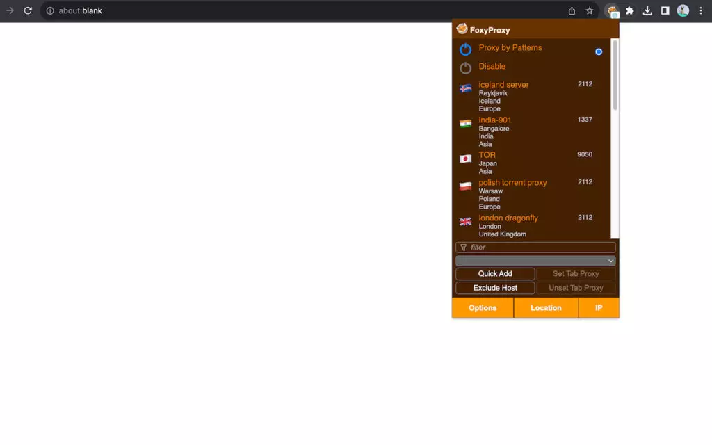 A screenshot of the FoxyProxy Chrome extension.
