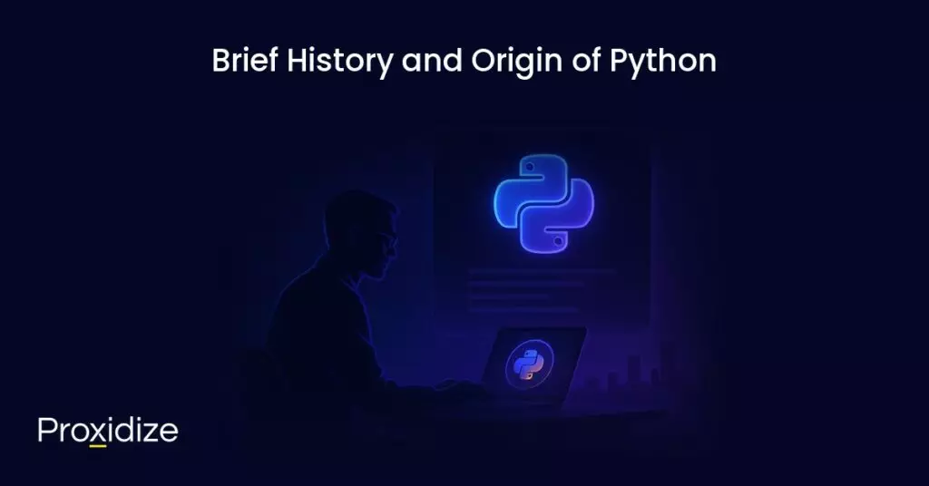 The Python logo above a person typing at a computer under the title 