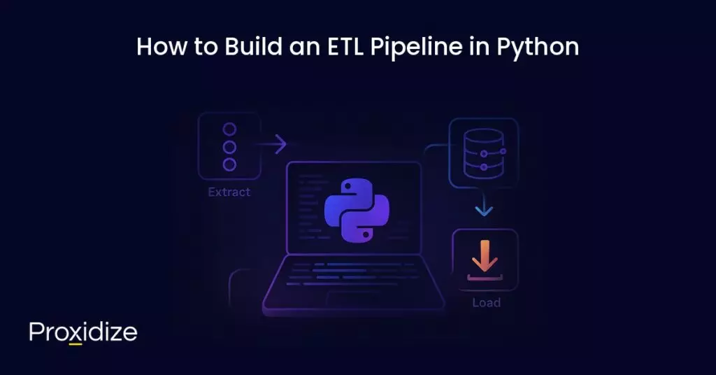 Image of a computer with the Python logo on it surrounded by the steps of the ETL pipeline. Text above reads 