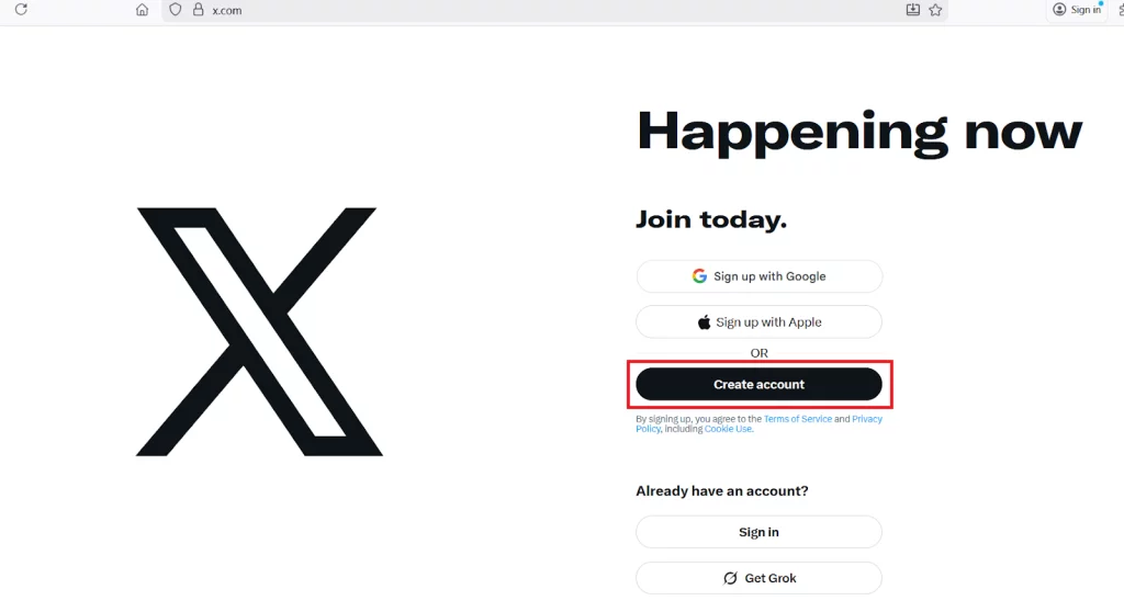 a screenshot of the x create account screen
