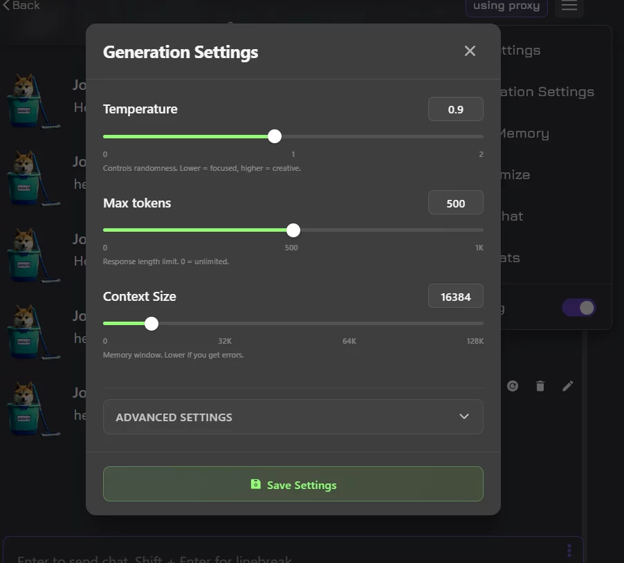 a screenshot of chat generation settings on janitor ai