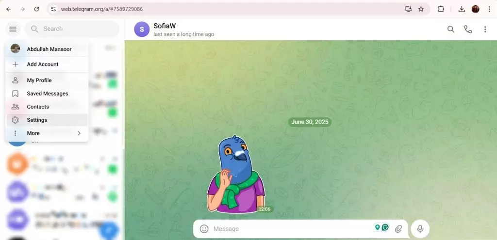 A screenshot showing the settings menu on Telegram Web