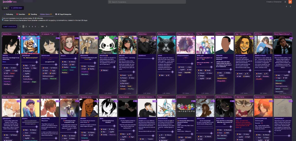 a screenshot of the janitor ai homepage