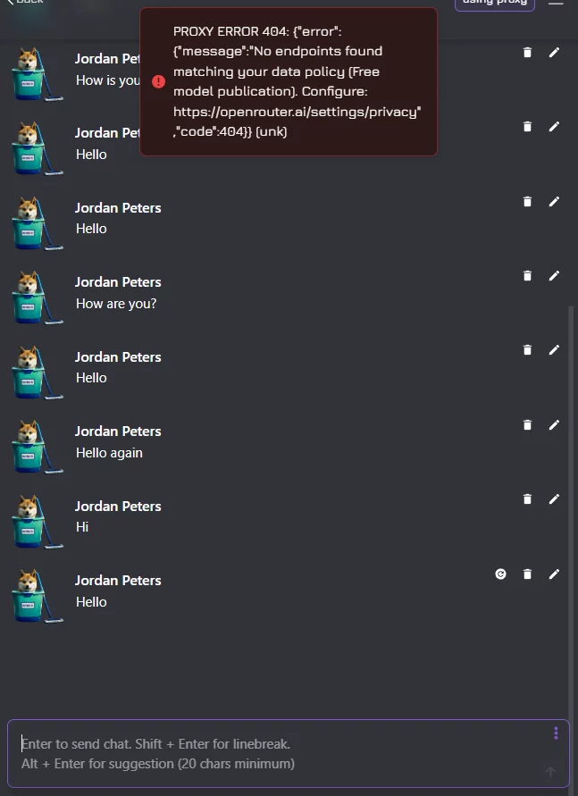 a screenshot of a PROXY ERROR $)$: {“error”: {“message”:”No endpoints found matching your data policy (Free model publication). Configure: https://openrouter.ai/settings/privacy”,”code”:404}} (unk) on janitor ai