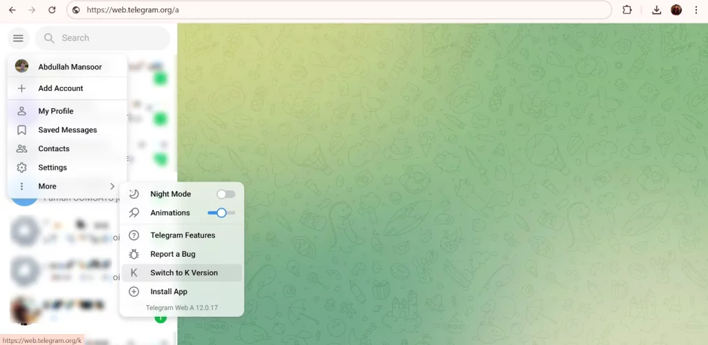 A screenshot of the Web Telegram settings menu