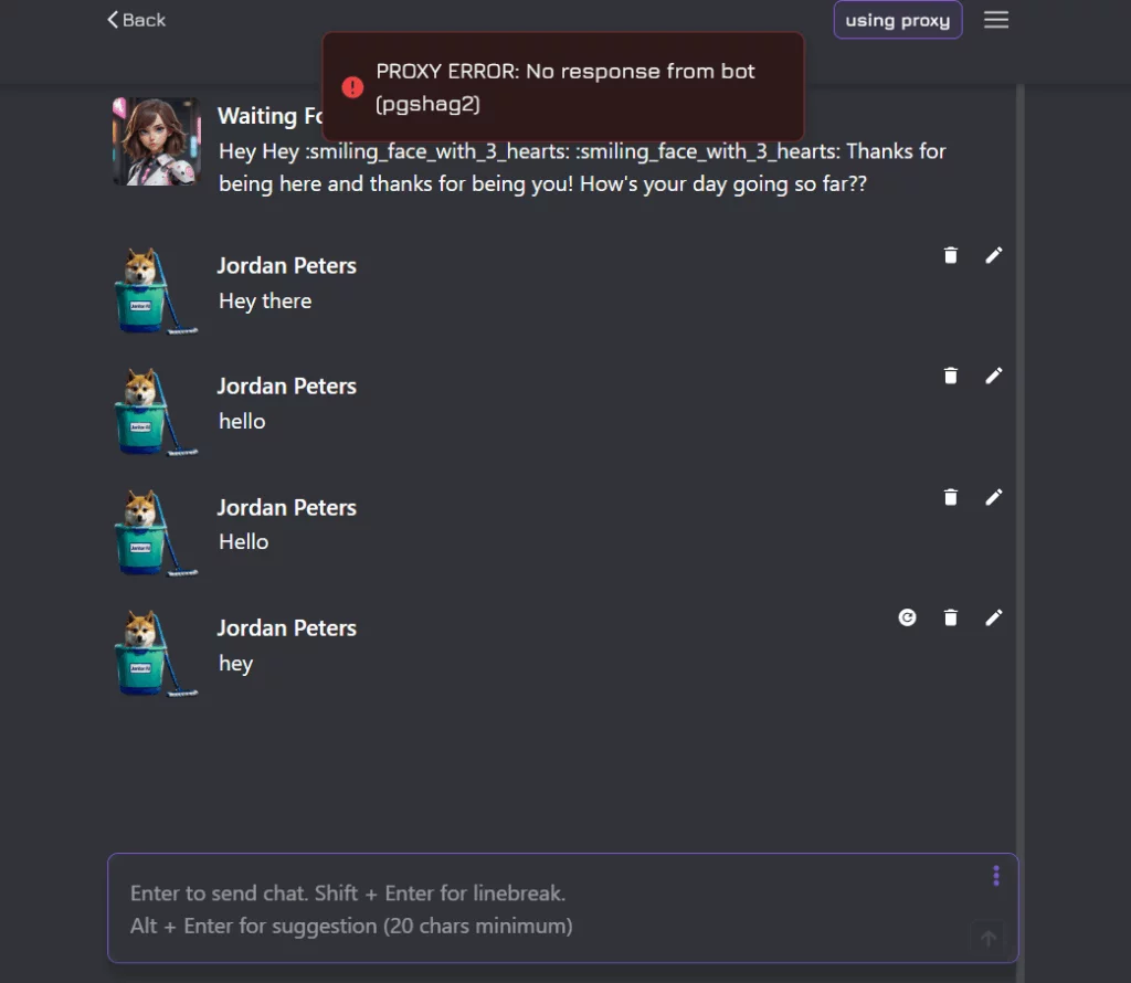 a screenshot of a non-responsive character on janitor ai
