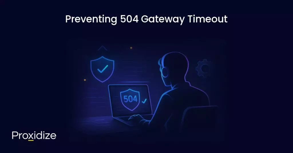 Image of a person sitting on a desk in front of a computer that is showing 504. Text above reads