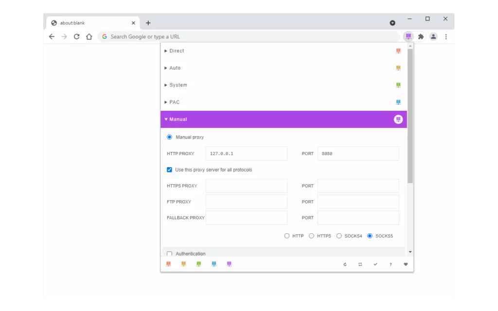 A screenshot of the Proxy Switcher Chrome extension.