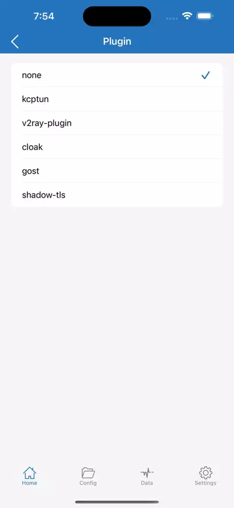 A screenshot of the Shadowrocket app's Plugin menu.