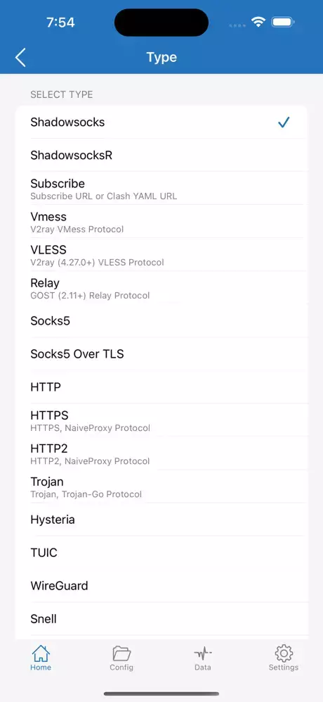 A screenshot of the Shadowrocket app's Server Type menu.