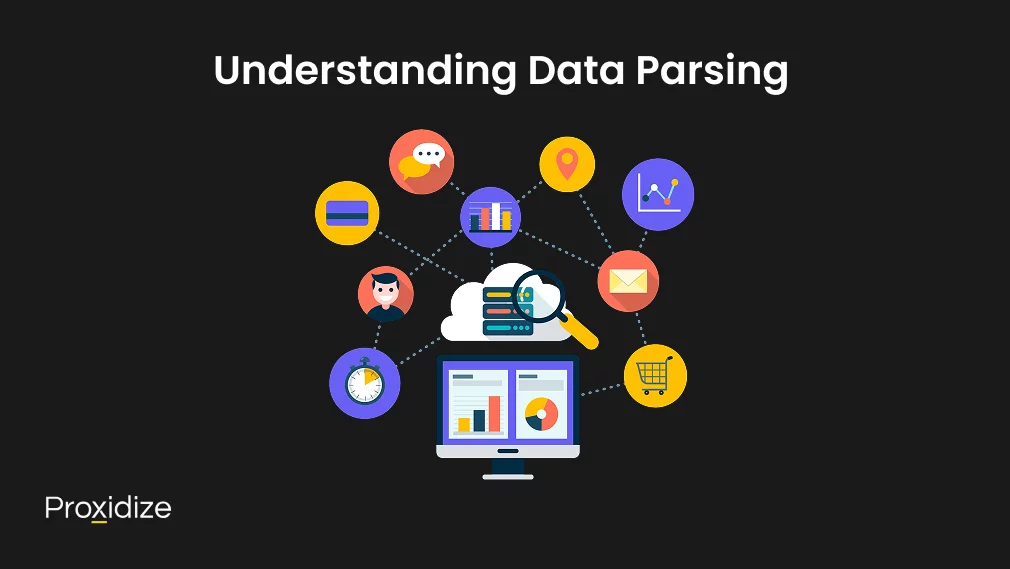 Image of a computer with data points above. Text above reads 