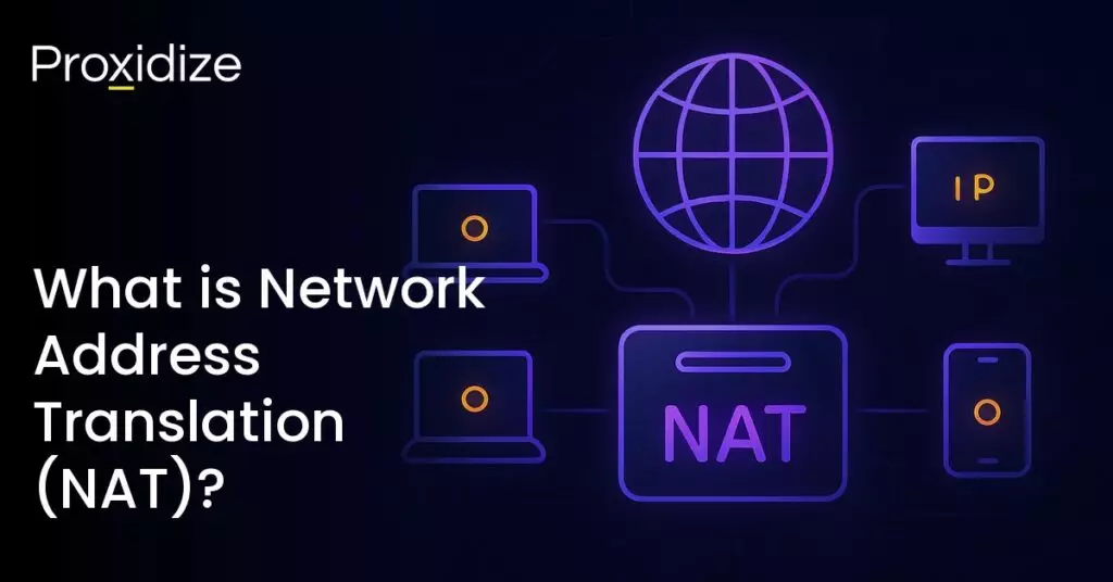 Image of the internet logo connected to a box reading NAT which is connected to devices. Text to the left reads 