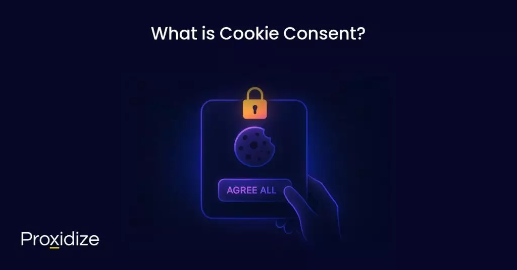 Image showing a hand holding a screen with a cookie and a button that says Agree All. Text above reads 